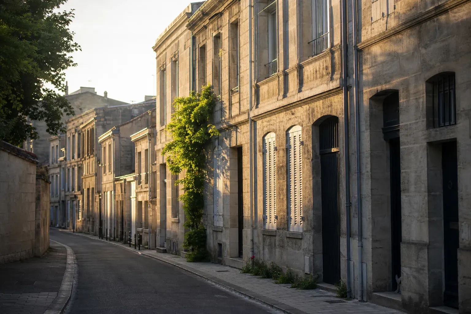 Rue calme bordée de façades en pierre blonde à Bordeaux, en fin de journée