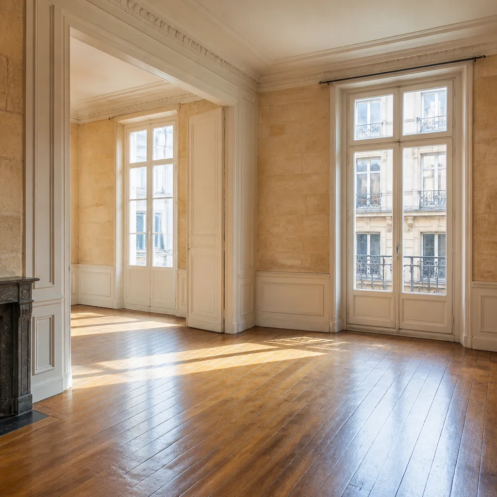 Séjour lumineux d’un appartement en pierre de taille, parquet ancien au sol