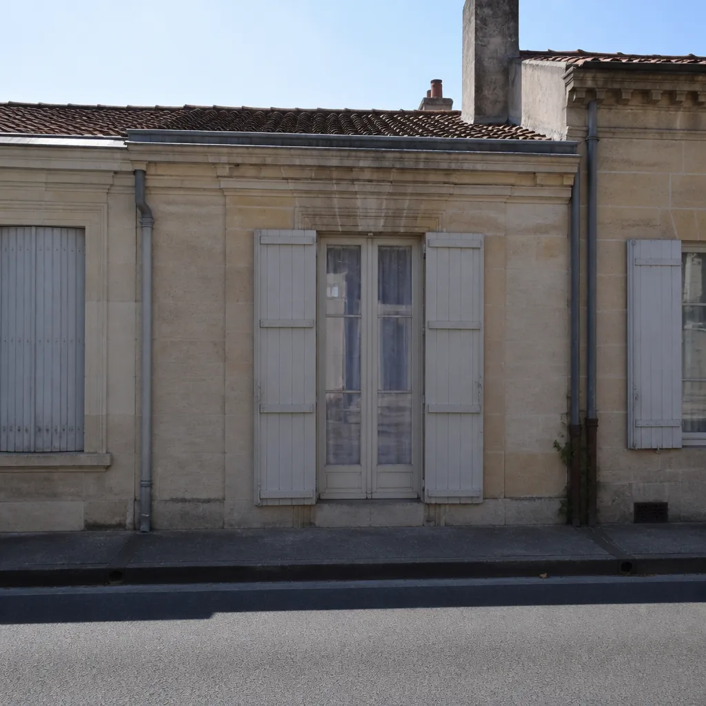 Façade d’une échoppe bordelaise avec porte-fenêtre et volets bois, vue depuis la rue